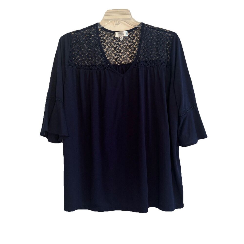Shannon Ford New York Plus Top Women’s 3X Navy Blue Lace Knit 3/4 Sleeve V Neck